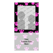 Bright Pink and Black Paw Print Pattern. Photo Card