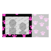 Bright Pink and Black Paw Print Pattern. Photo Card