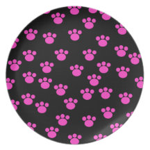 Bright Pink and Black Paw Print Pattern. Dinner Plate