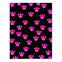Bright Pink and Black Paw Print Pattern. Post Card