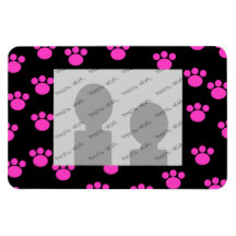 Bright Pink and Black Paw Print Pattern. Rectangle Magnet