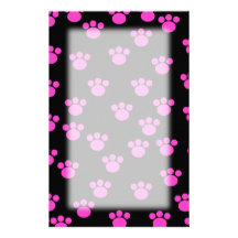 Bright Pink and Black Paw Print Pattern. Stationery Design