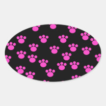 Bright Pink and Black Paw Print Pattern. Oval Stickers