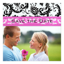 Bright Pink Damask Swirls Wedding Save the Date Personalized Announcements