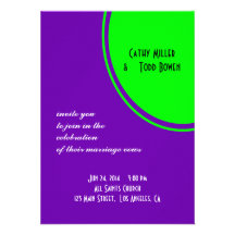 Bright purple and lime green Mod Wedding Custom Invites