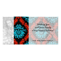 bright red and aqua blue black ornate damask customized photo card