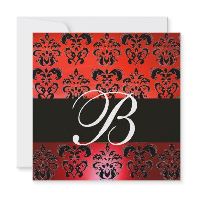 BRIGHT RED BLACK CLASSY DAMASK MONOGRAM , white Invites by bulgan_lumini