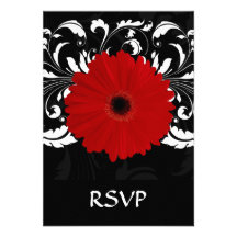 Bright Red Gerbera Daisy on Black Personalized Invitations