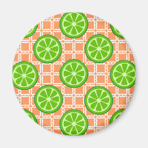 Bright Summer Citrus Limes on Coral Square Tiles Fridge Magnets