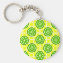 Bright Summer Citrus Limes on Yellow Square Tiles Keychain