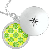 Bright Summer Citrus Limes on Yellow Square Tiles Necklaces