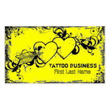 Bright yellow grunge heart tattoo business cards