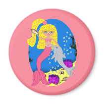 Brigit the Pink Mermaid and Dolphin Round Magnet