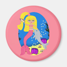 Brigit the Pink Mermaid and Dolphin Round Magnet