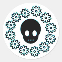 Brilliant Blue Skull and Flowers Round Stickers