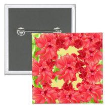 Brilliant Red Hibiscus Flowers on Yellow Button