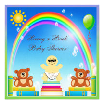 Bring a Book Baby, Rainbow & Bears Baby Shower Custom Invitation