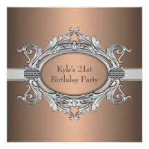 Bronze Silver Mans 21st Birthday Party Custom Invitations