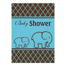 Brown and Blue Elephants and Diamonds Baby Shower Custom Invite
