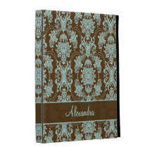 Brown And Blue Retro Floral Damasks-Monogram iPad Case