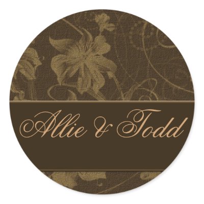 Brown and cream damask wedding stickers by perfectpostage