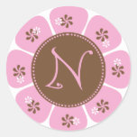 Brown and Pink Monogram N Round Sticker