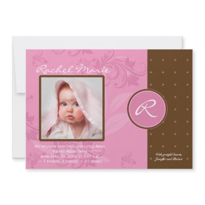 Brown and Pink Monogram Photo Baby Announcement by NoteableExpressions