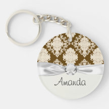 brown and tan ecru ornamental damask pattern acrylic keychains