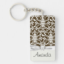 brown and white bird damask pattern acrylic keychains