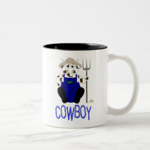 Brown And White Farmer Cow Blue Cowboy Mug
