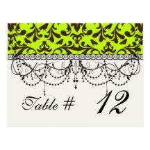 brown bird and lime green damask design post card