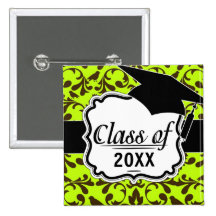 brown bird and lime green damask graduation pinback button