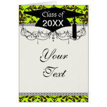 brown bird and lime green damask graduation cards