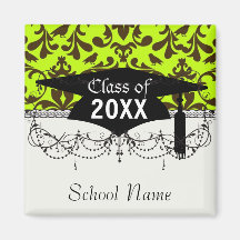 brown bird and lime green damask graduation refrigerator magnet