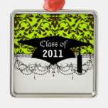 brown bird and lime green damask graduation christmas tree ornaments