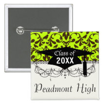 brown bird and lime green damask graduation pins