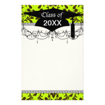 brown bird and lime green damask graduation custom stationery