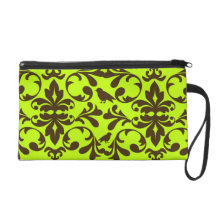 brown bird and lime green damask pattern wristlet clutches