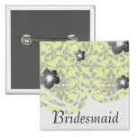 brown bird and lime green damask pattern pinback button