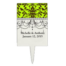 brown bird and lime green damask pattern rectangle cake toppers