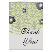 brown bird and lime green damask pattern greeting cards