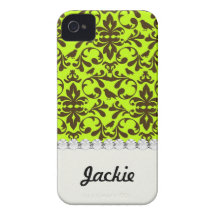 brown bird and lime green damask pattern Case-Mate iPhone 4 cases