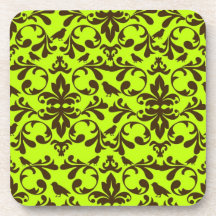 brown bird and lime green damask pattern coaster