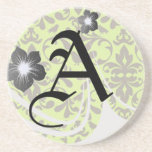 brown bird and lime green damask pattern beverage coaster