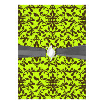 brown bird and lime green damask pattern personalized invite