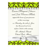 brown bird and lime green damask pattern custom invitation