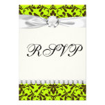 brown bird and lime green damask pattern personalized invites