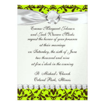 brown bird and lime green damask pattern personalized announcement