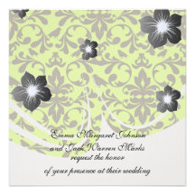 brown bird and lime green damask pattern personalized invites