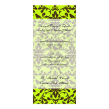 brown bird and lime green damask pattern invitations